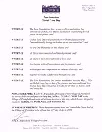 Plainfield, Illinois Village President John Argoudelis Proclaims Global Love Day 2024
