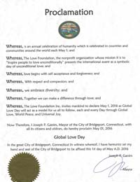Global Love Day Proclamation Bridgeport, Connecticut