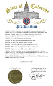 Global Love Day Proclamation Colorado Govenor Hickenlooper