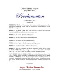 Global Love Day Proclamation Vineland, New Jersey