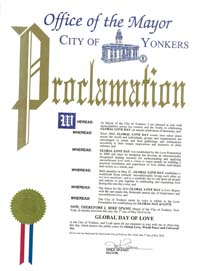 Global Love Day Proclamation Yonkers, New York