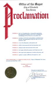 Global Love Day Proclamation Elizabeth, NJ