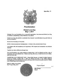 Global Love Day Proclamation Halifax, Nova Scotia, Canada