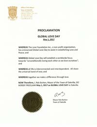 Global Love Day Proclamation Oakville, Ontario, Canada