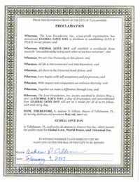 Global Love Day Proclamation Tallhassee, Florida 2017