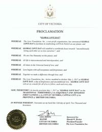 Global Love Day Proclamation Victoria, British Columbia, Canada