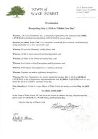 Global Love Day Proclamation Wake Forest, North Carolina