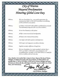 Global Love Day Proclamation Warren, Michigan