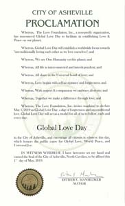 Asheville, North Carolina Mayor Esther Manheimer proclaims Global Love Day 2019