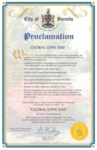 Burnaby, British Columbia, Canada Mayor Mike Hurley proclaims Global Love Day 2019