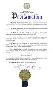 Orange County, Florida Mayor Jerry Demings proclaims Global Love Day 2019