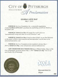 Global Love Day 2019 Proclamation Pittsburgh, Pennsylvania Mayor William Peduto