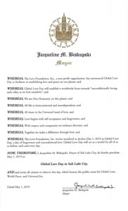 Salt Lake City, Utah Mayor Jacqueline Biskupski proclaims Global Love Day 2019