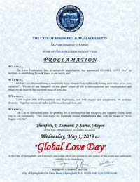 Global Love Day 2019 Proclamation Springfield, Massachusetts Mayor Domenic Sarno