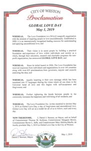 Global Love Day 2019 Proclamation Weston, Florida Mayor Daniel Stermer 