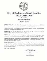 Burlington, North Carolina Mayor Ian Baltutis Proclaims Global Love Day 2020