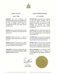 Ottawa, Ontario, Canada Mayor Jim Watson Proclaims Global Love Day 2020