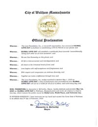 Waltham, Massachucetts Mayor Jeannette McCarthy Proclaims Global Love Day 2020