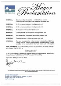 Loveland, Colorado Mayor Jacki Marsh Proclaims Global Love Day 2021