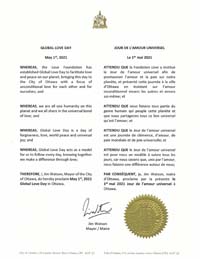 Ottawa, Ontario, Canada Mayor Jim Watson Proclaims Global Love Day 2021