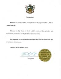 Saskatoon, Saskatchewan, Canada Proclaims Global Love Day 2021