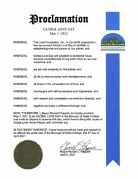 State College, Pennsylvania Mayor Ronald Filippelli Proclaims Global Love Day 2021