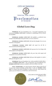 Trenton, New Jersey Mayor W. Reed Guaciora Proclaims Global Love Day 2021