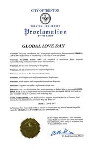 Trenton, New Jersey Mayor W Reed Gusciora Proclaims Global Love Day 2022