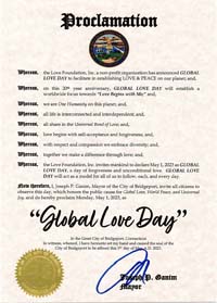 Bridgeport, Connecticut Mayor Joseph Ganim Proclaims Global Love Day 2023