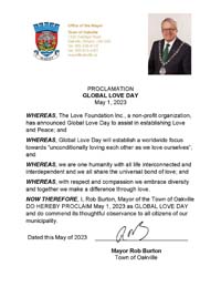Oakville, Ontario, Canada Mayor Rob Burton Proclaims Global Love Day 2023