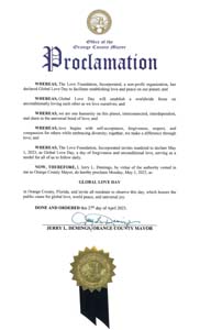 Orange County, Florida Mayor Jerry Demings Proclaims Global Love Day 2023