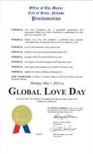 Reno, Nevada Mayor Hillary Schieve Proclaims Global Love Day 2023