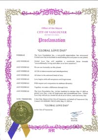Vancouver, British Columbia, Canada Mayor Ken Sim Proclaims Global Love Day 2023